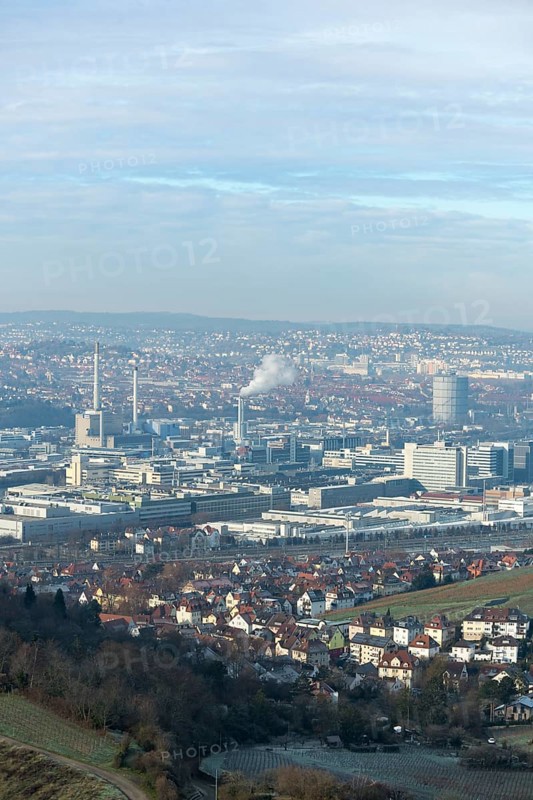 Panoramic view of a hilly urban landscape with industrial areas and residential buildings, view of Daimler headquarters, Untertürkheim plant, Stuttgart, Baden-Württemberg, Germany