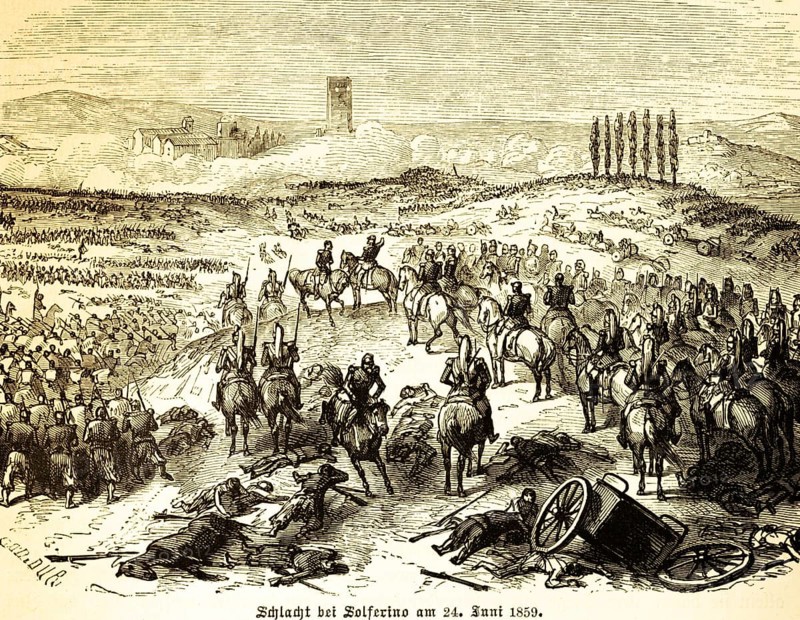 Battle of Solferino on August 24, 1859 leads to the unification of Italy, decisive battle in the Sardinian War, Austrian Empire loses to the Kingdom of Sardinia, ally French Emperor Napoleon III, typical hilly landscape, armies, battlefield, battle, horsemen, officers, soldiers, dead, cruelty, weapons, rifles, wagons with cannons, churches in the background, history, Lombardy, Italy, historical illustration 1882