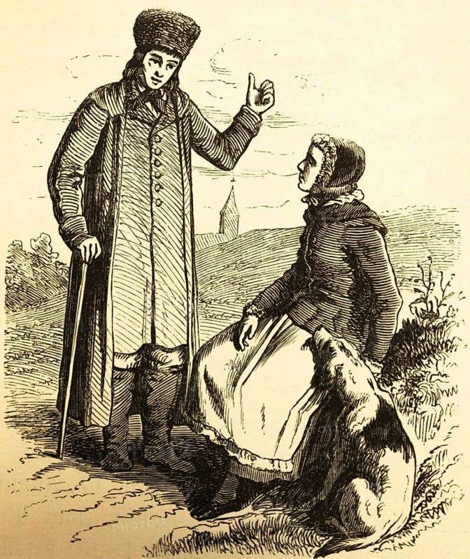Upper Silesian costumes, portrait of man and woman, long coat, walking stick, fur hat, apron, dress, hat, dog, scene with church, entertainment, sitting, standing, outdoor, Silesia, history, Prussia, Germany, historical illustration 1882