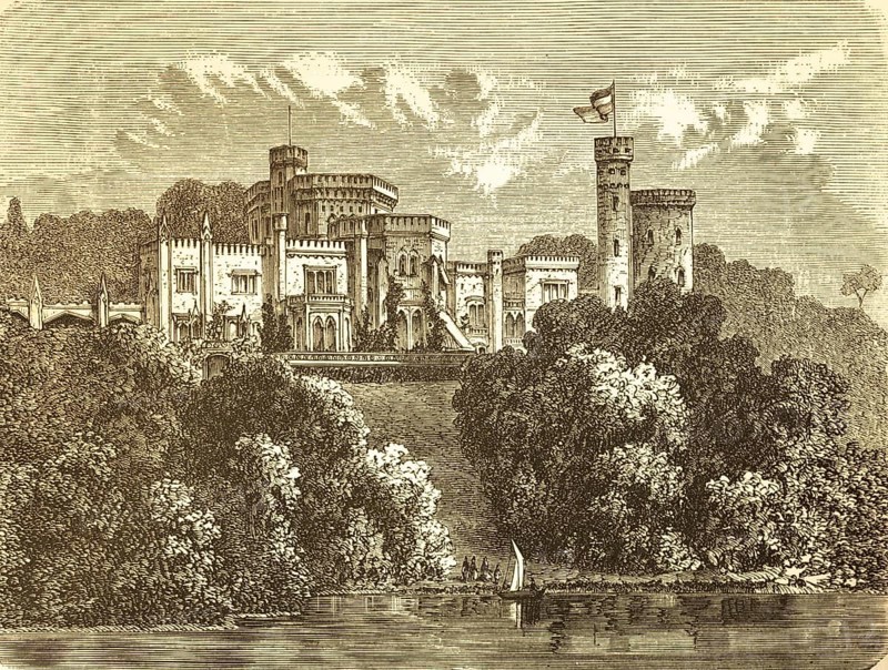 Babelsberg Castle on Tiefer See, summer residence of Emperor Wilhelm I, park, steep slope, Tudor style, architect Karl Friedrich Schinkel, towers, flag, part of the Berlin-Potsdam residential landscape, sailboat, history, Prussia, Potsdam, Germany, historical illustration 1882