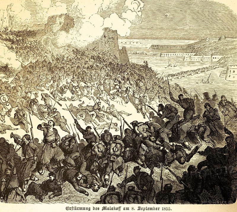 Storming of Malakoff on September 8, 1855, Battle of Malakov, fortifications on Malakov Hill, fortress, command Marshal Aimable Pélissier and General Patrice de Mac-Mahon, victory of the French, defeat of the Russians, French Zuaves, soldiers from North Africa. Bloody battle, battle, weapons, rifles, coast, Black Sea, history, Prussia, Sevastopol, Crimea peninsula, Ukraine, Russia, historical illustration 1882