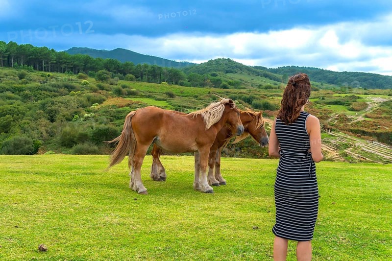 Woman standing with her back to the viewer, observing two horses grazing peacefully in a vibrant green meadow against a backdrop of rolling hills and a cloudy sky, depicting a serene rural landscape