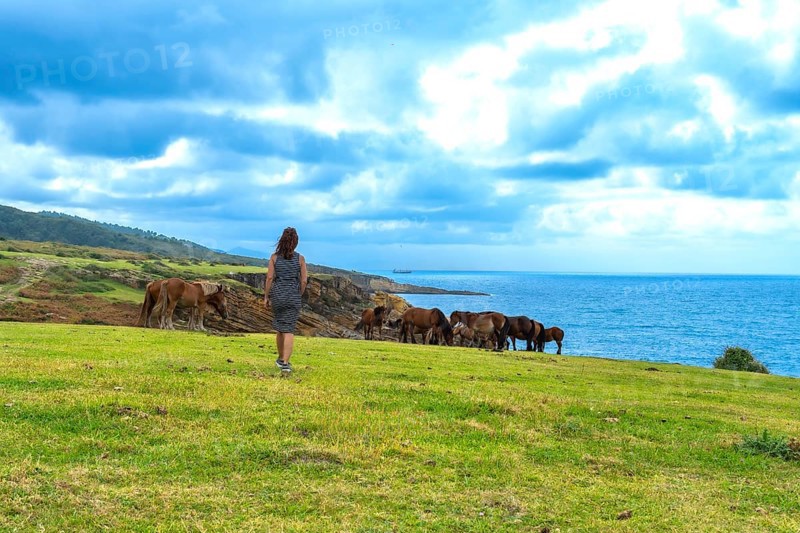 Woman standing on a green cliffside looking at a group of wild horses freely grazing near the blue ocean under a cloudy sky, representing freedom and nature