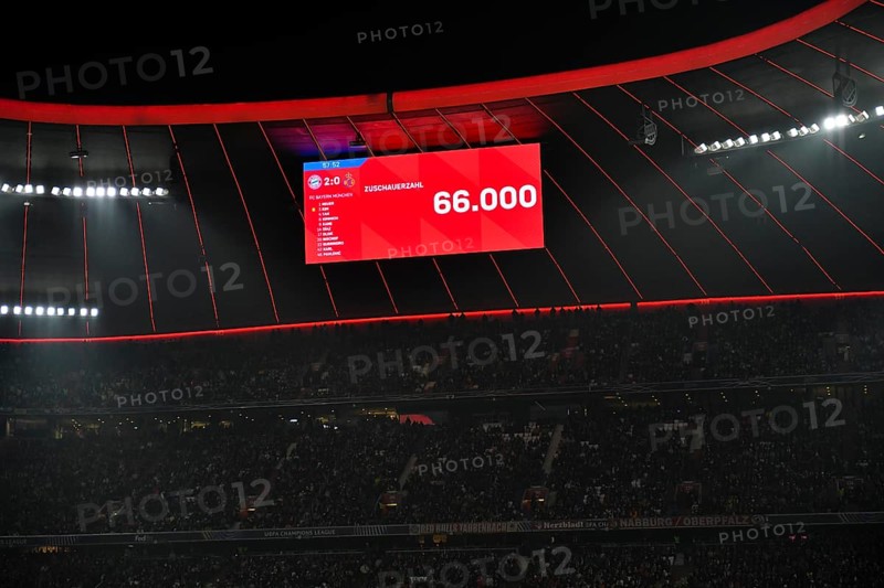 Scoreboard audience only 66, 000 for the first time in years after some of the Ultra Fans were locked out due to Bengalo, Pyrotechnics, Pyro, soccer UEFA Champions League, CL, Allianz Arena, Munich, Bayern, Germany