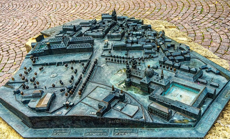 Bronze portrait of the city view of the baroque quarter in Fulda, Hesse, Germany