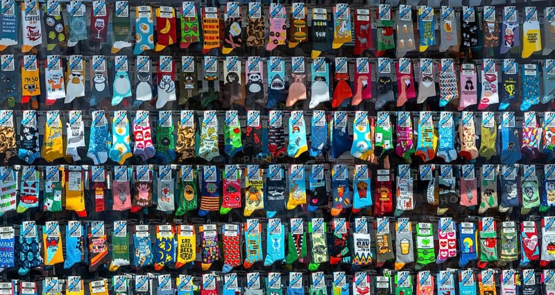 Window decoration with colorful socks, Potsdam, Brandenburg, Germany