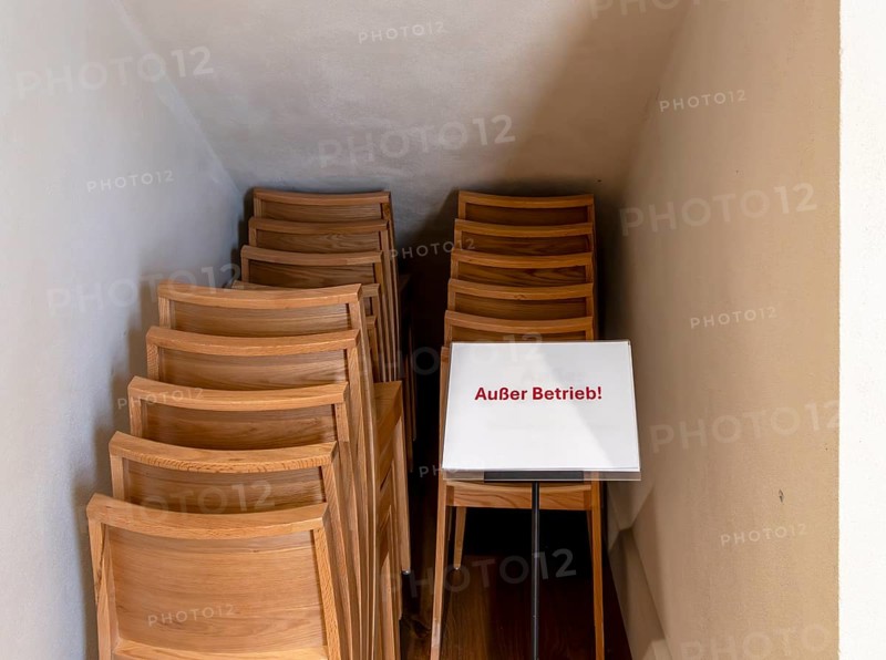 Stacks of wooden chairs in the restored and reopened garrison church in Breiten Straße, Potsdam, Brandenburg, Germany