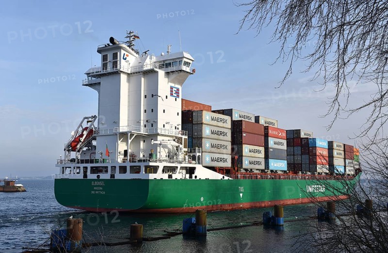 Container ship ELBINSEL leaves Kiel-Holtenau lock and sails to Kiel Fjord, Schleswig-Holstein, Germany