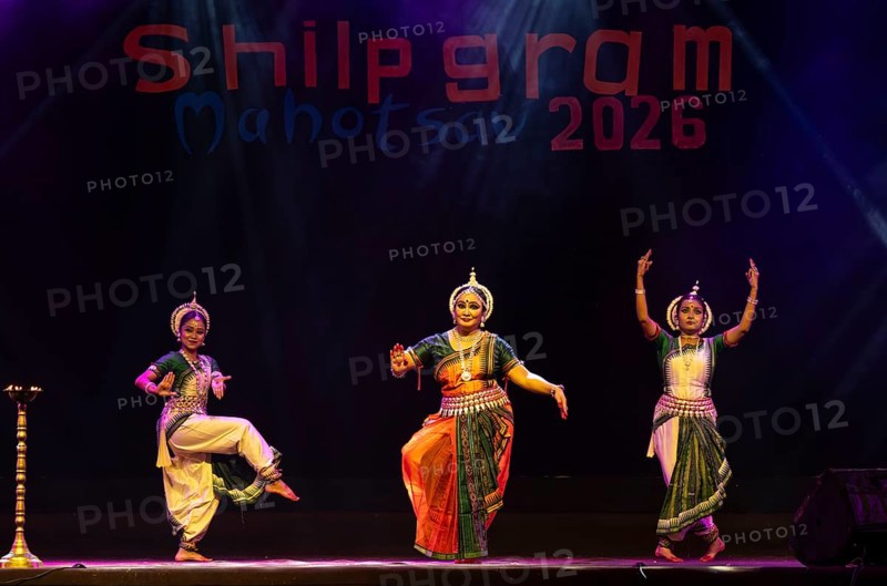 Artists perform Odissi classical dance during a cultural evening program at Shilpgram Mohotsav 2026 in Guwahati, India, on 21 January 2026