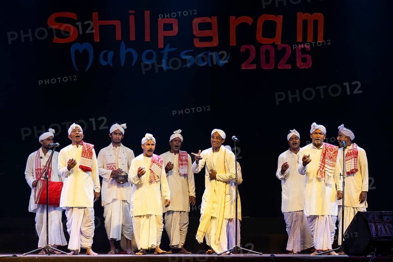 Artists perform 'Ojapali' folk song during a cultural evening program at Shilpgram Mohotsav 2026 in Guwahati, India, on 21 January 2026