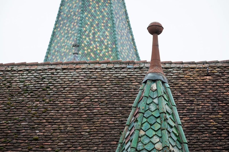 Spitzer Tower with green, glazed roof tiles, Protestant Seminary, Blaubeuren, Swabian Jura, Baden-Württemberg, Germany