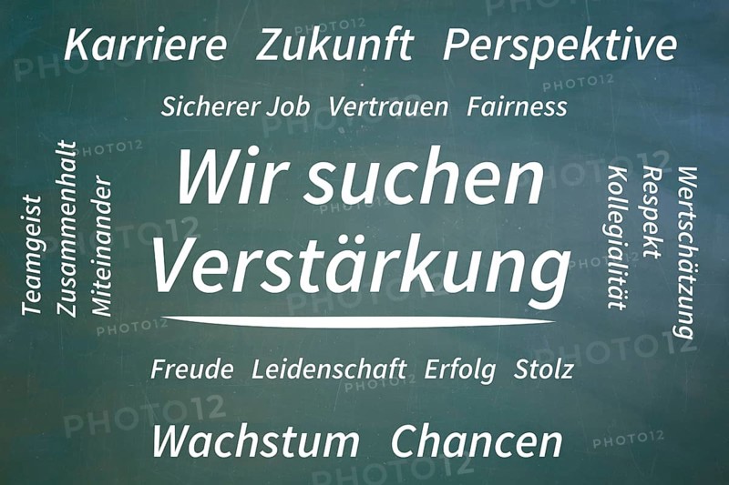 (Added) Text WE ARE LOOKING FOR REINFORCEMENT, surrounded by positive terms such as career, future, team spirit, trust, appreciation, growth and opportunities on a blackboard