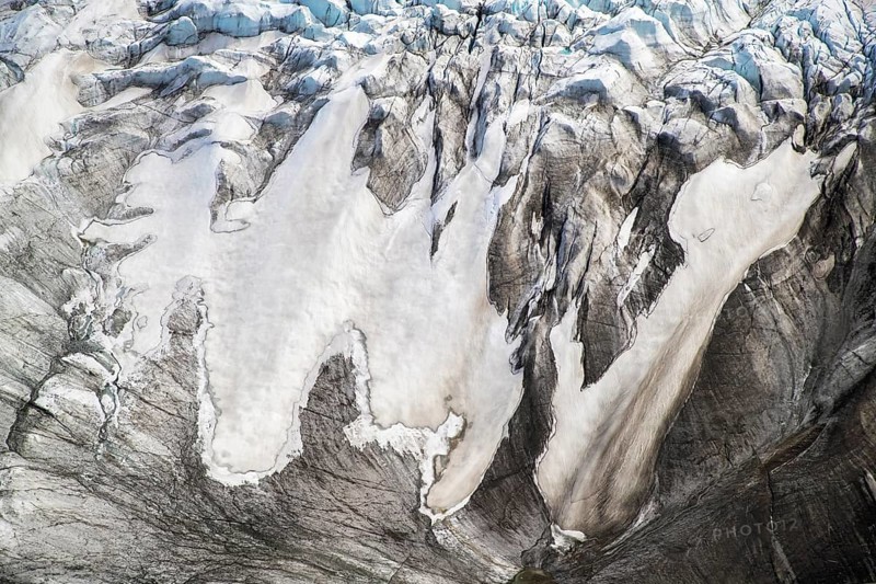 Aerial view of Greenland ice sheet, Arctic landscape, frozen wilderness, glaciers and snow-covered terrain, Climate change, Global warming, Greenland, North America