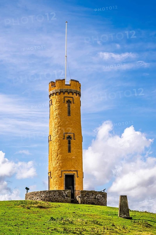 Binns Tower over Scotish farms and Forth Estuary, House of the Binns, Linlithgow, Scotland, UK