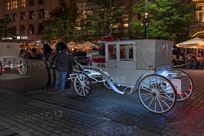 Waiting horse-drawn carriages at the market square at night, Krakow, Poland