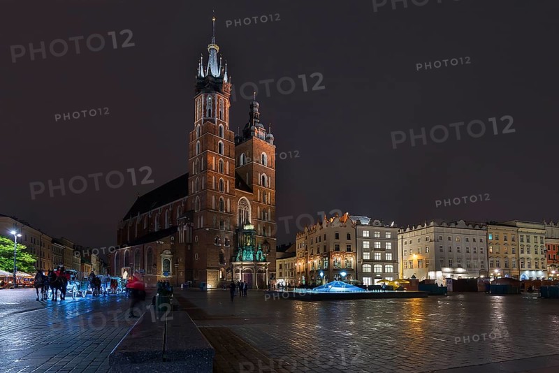 St. Mary's Basilica at night, Krakow, Poland