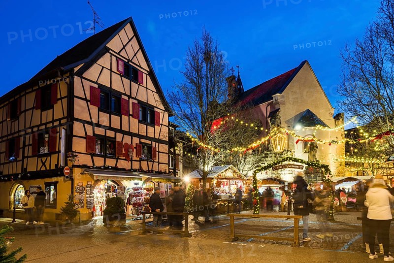 Christmas market, blue hour, Eguisheim, Haut-Rhin, Grand Est Region, Alsace, France