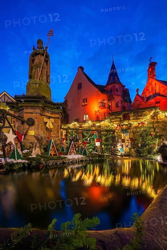 Houses illuminated and decorated for Christmas, Christmas market, blue hour, Eguisheim, Haut-Rhin department, Grand Est region, Alsace, France