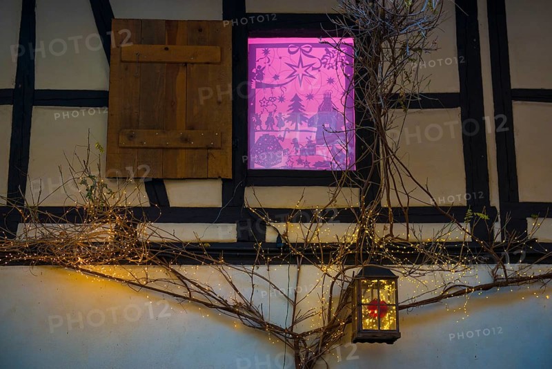 Christmassy decorated half-timbered house, Christmas market, Eguisheim, Haut-Rhin department, Grand Est region, Alsace, France