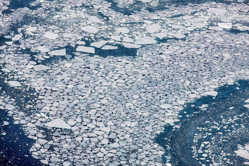Aerial view of melting icepack in the East Greenland, Greenland (Kalaallit Nunaat), Arctic Ocean, climate change, global warming, geographically part of North America, politically part of the Kingdom of Denmark