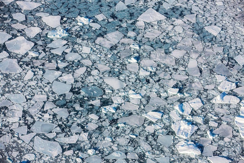Aerial view of melting icepack in the East Greenland, Greenland (Kalaallit Nunaat), Arctic Ocean, climate change, global warming, geographically part of North America, politically part of the Kingdom of Denmark