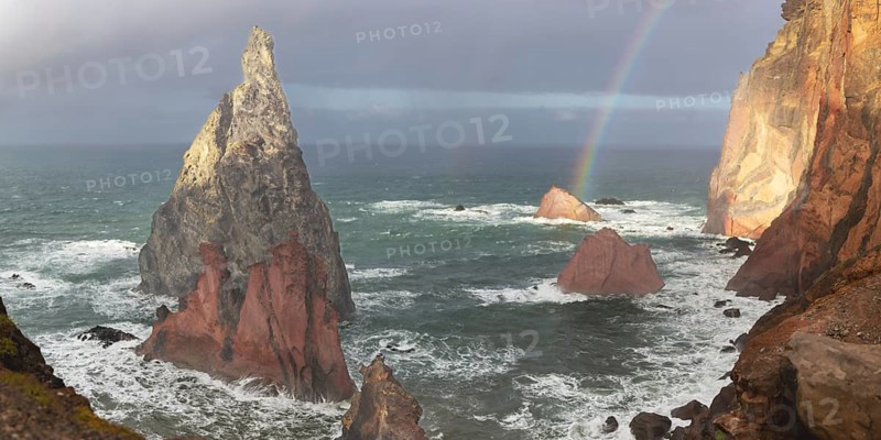 Sunset, rainbow at sea, volcanic peninsula, Ponta de São Lourenço, Ponta de Sao Lourenco, rocky coast, Punta de San Lorenzo, Madeira, Portugal