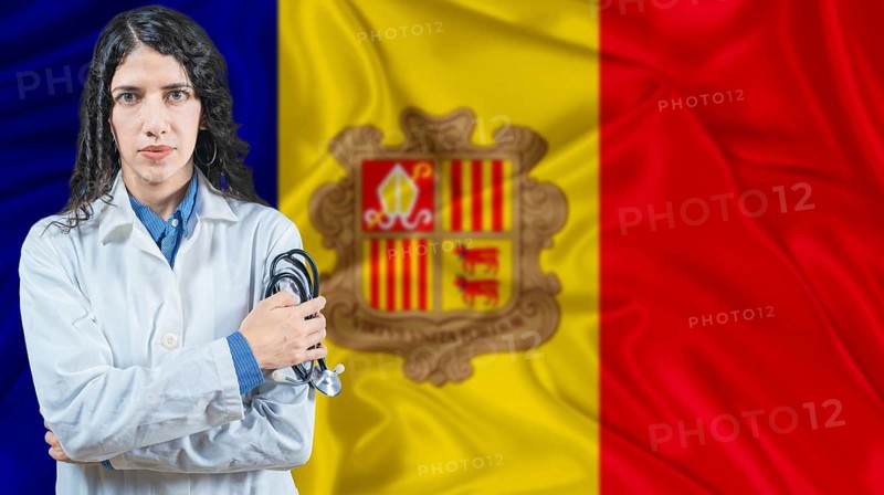 Andorran national health system, Medical professional on Andorra flag background