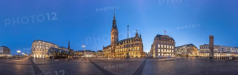 360 degree view of Rathausplatz at Blue Hour with Town Hall, Alster Arcades, Jungfernstieg, Bucerius Kunst Forum, Hamburg, Germany