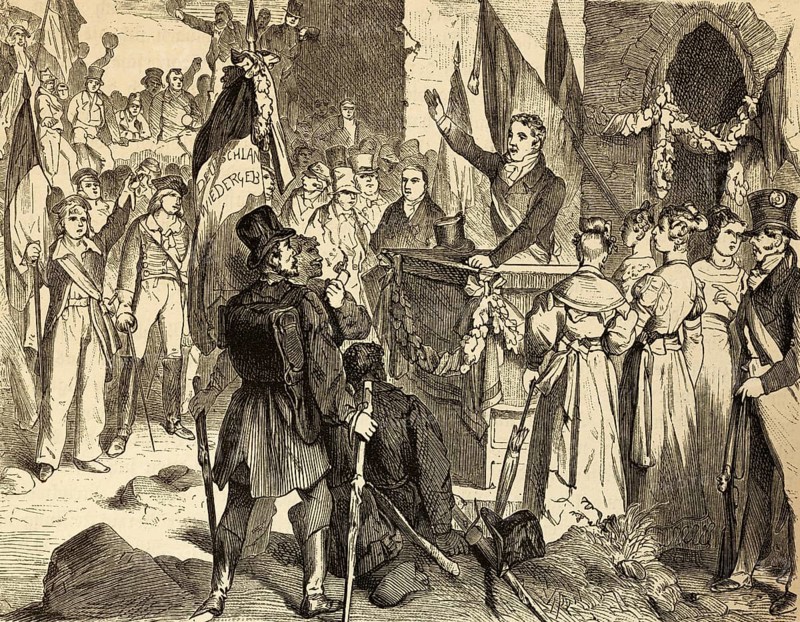 The Hambach Festival (May 1832) popular assembly, outdoors, speakers, audience, population, flags, celebration, development of democracy, liberalism, politics, demands, freedom, national unity, struggle, resistance, German Confederation, Kingdom of Bavaria, history, Neustadt an der Weinstrasse, Germany, historical illustration 1882