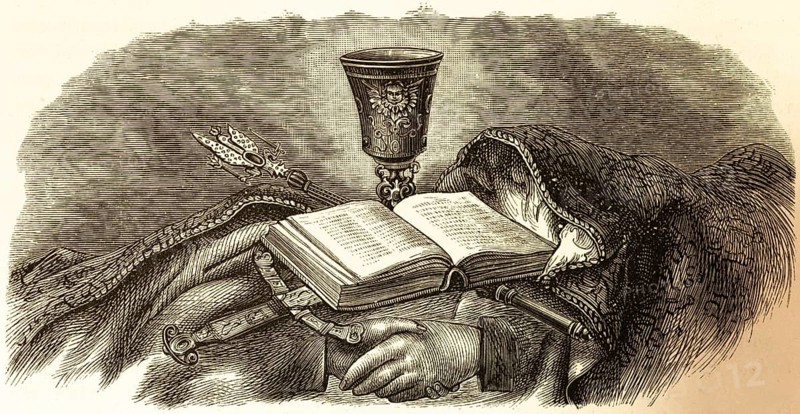 Symbolic picture church, religion, culture, Bible, decorated chalice, sword, Christian faith, hand, symbols, history, historical illustration 1882