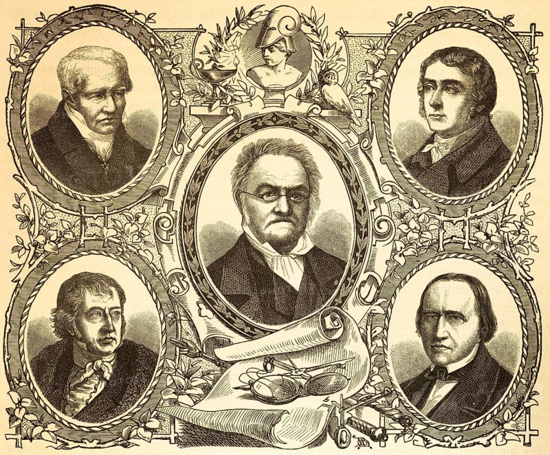 Portraits, Alexander von Humboldt, German explorer (top left), Georg Wilhelm Friedrich Hegel, German philosopher (bottom left), Karl Ritter, German geographer (centre), Bertold Georg Niebuhr, historian (top right), Friedrich Carl von Savigny, jurist (bottom right) Men, famous personalities, oval picture, decorations, science, art, scholar, history, historical illustration 1882