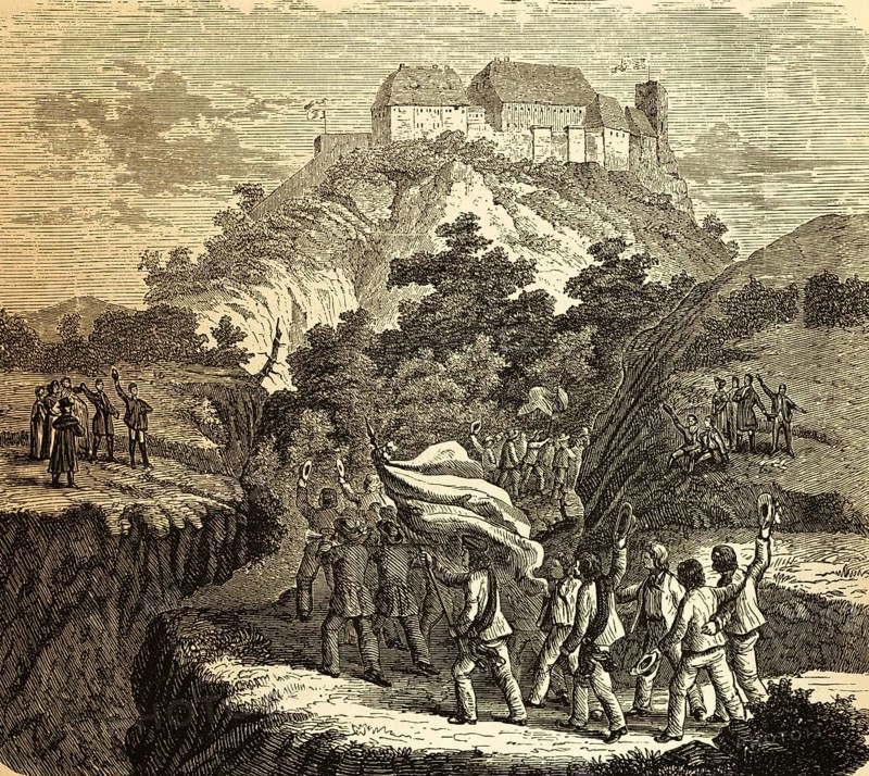 Train of gymnasts to Wartburg 1817, Eisenach, Wartburg festival, meeting of students and professors, protest rally against small statehood, for nation state, flag, joy, enthusiasm, politics, resistance, state power, history, Thuringia, Germany, historical illustration 1882