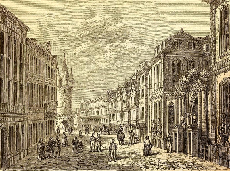 Federal Palace with view of the Eschenheim Gate Tower, building, Frankfurt Main, wide street with cobblestones, people, round tower, parliament, Germany, history, historical illustration 1882