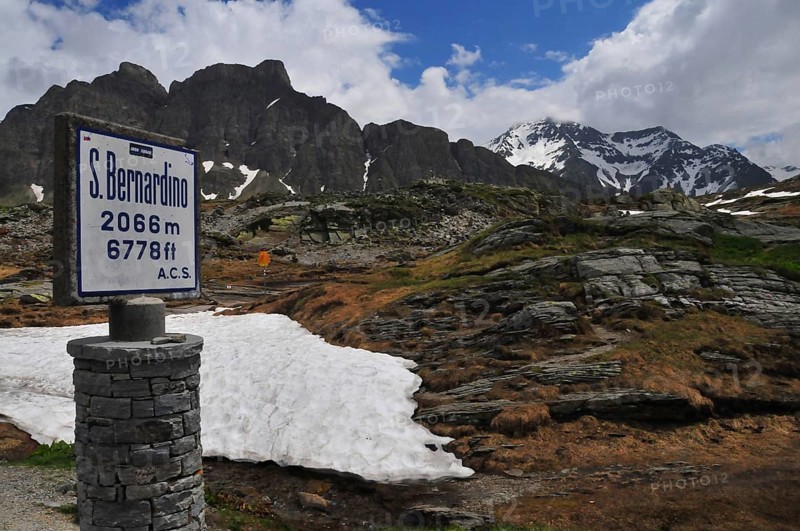 Information board at the top of the San Bernandino Pass in the canton of Grisons in Switzerland