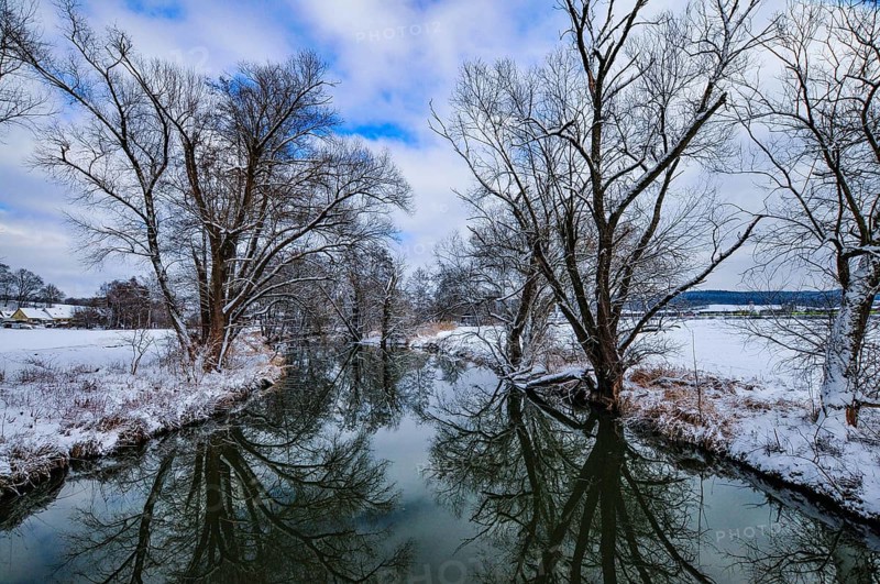 Wintery floodplain landscape along the Schmutter in the Augsburg Western Wälder nature park Park, Bavaria, Germany