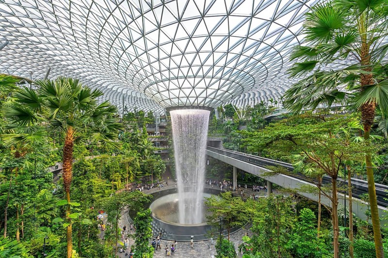 Forest Valley with Rain Vortex, world's tallest indoor waterfall at Jewel Changi Airport in the city-state Singapore, Southeast Asia