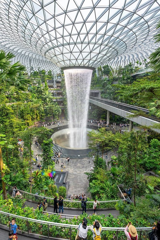 Forest Valley with Rain Vortex, world's tallest indoor waterfall at Jewel Changi Airport in the city-state Singapore, Southeast Asia