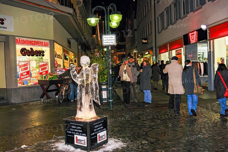 Eisengel, an ice sculpture created during Ice Carving Street Action as part of the long shopping night in downtown Reutlingen, Baden-Württemberg, Germany, for editorial use only