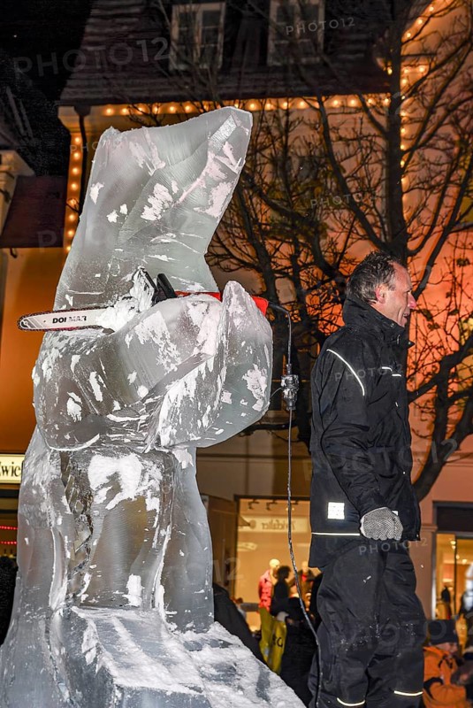 Eisbär, an ice sculpture created during Ice Carving Street Action as part of the long shopping night in downtown Reutlingen, Baden-Württemberg, Germany, for editorial use only