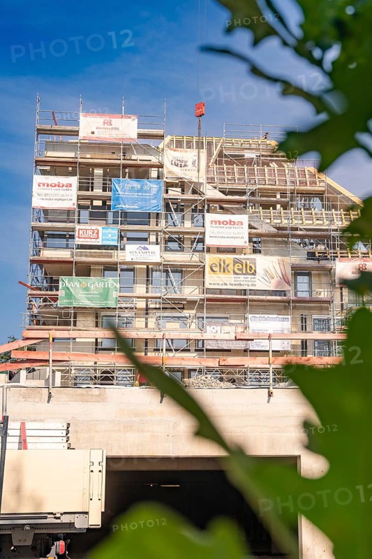 Building construction on a construction site with scaffolding, plants visible in the foreground, carpentry, new building, Stuttgart, Germany