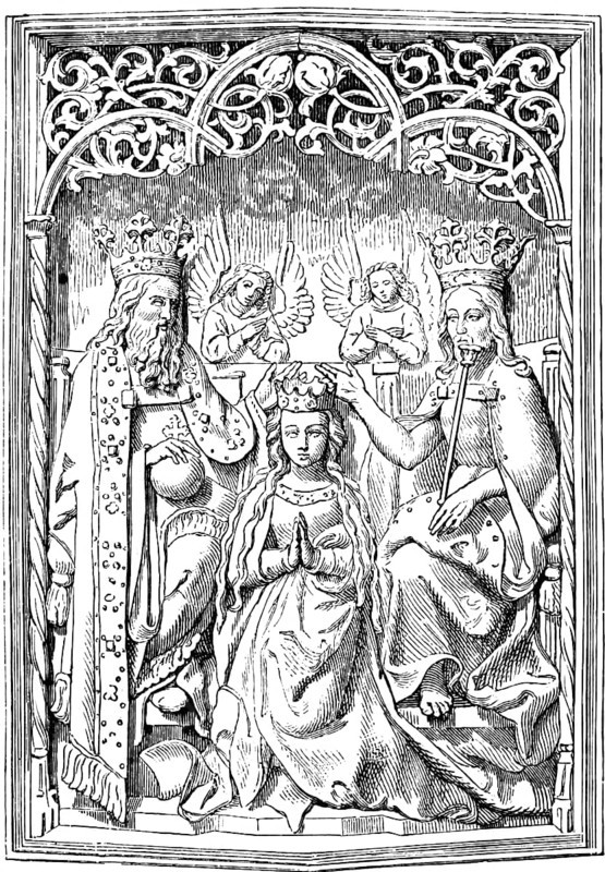 Coronation of Mary or Virgin Mary, relief by Veit Stoss (1447-1533) sculptor and painter, Coronation of Mary, Catholic Church, Presentation, Mother of Jesus, Assumption into Heaven, Queen of Heaven, Queen of Angels, Old Testament, Song of Songs, Trinity, art history, historical illustration 1869