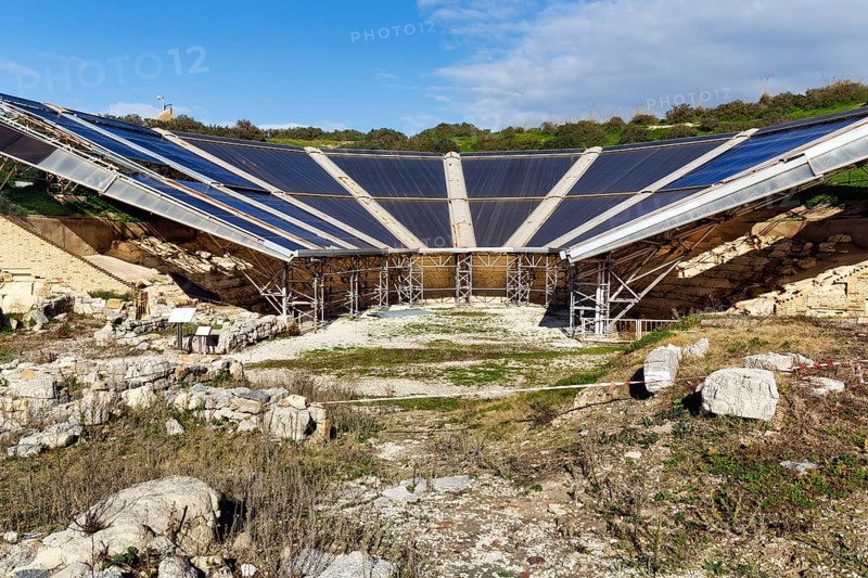 Ancient Greek Theatre, Heraclea Minoa, ruins, weather protection, modern roofing, fiberglass panels, restoration, excavation site, Eraclea Minoa, Montallegro, Agrigento, south coast, Sicily, southern Italy, Italy