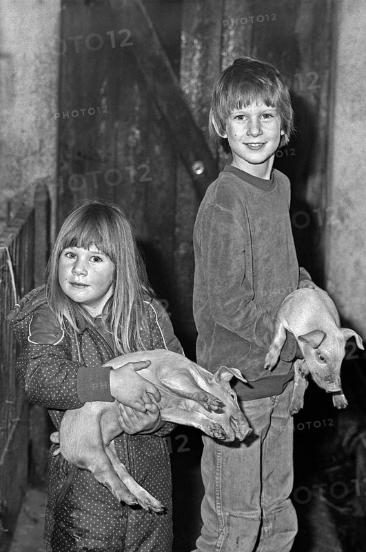 Little girl and boy with a piglet in their arms, in stable, on a former Franconian farm, black and white, Bavaria, Germany