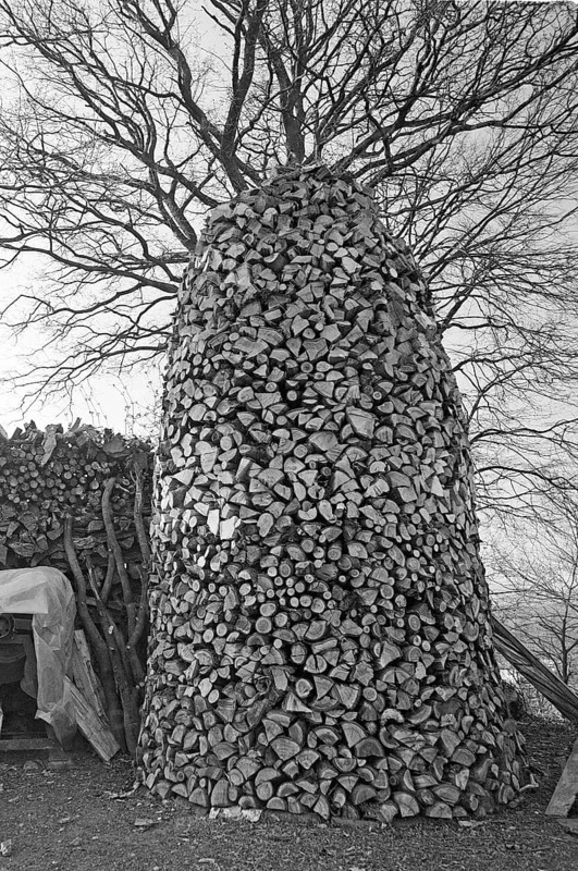 Polished firewood for a pyramid, on a former Franconian farm, black and white, Bavaria, Germany