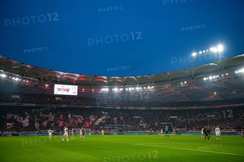 Total, overview, interior, floodlit game, soccer, Bundesliga, VfB Stuttgart, blue hour, evening game, MHPArena, MHP Arena Stuttgart, Baden-Württemberg, Germany