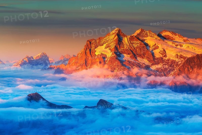 View from the Schilthorn to the Mittelhorn at sunset, Grindelwald, Bernese Oberland, Switzerland