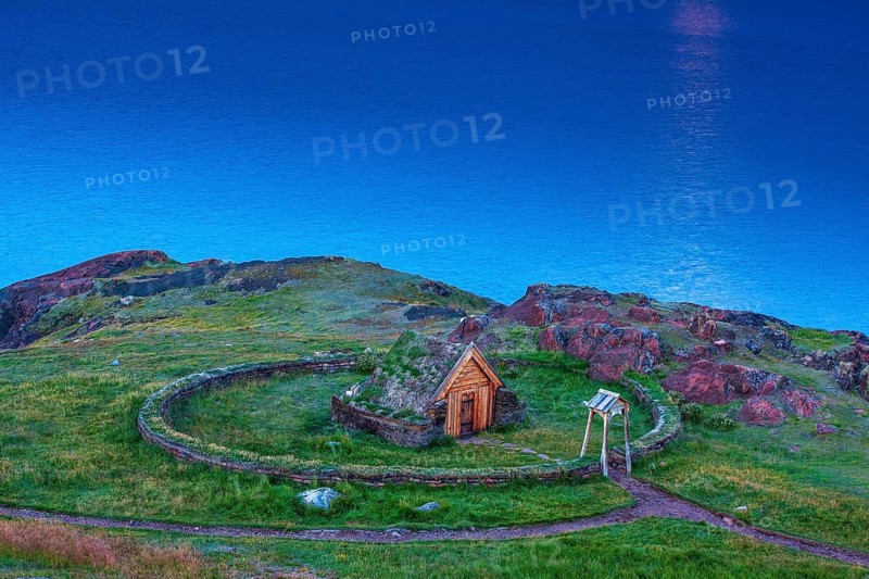The Tjodhildes Church reconstruction, the first Christian church on the North American continent, where Viking Erik the Red established his chieftain's seat, at Brattahlid, now Qassiarsuk, South Greenland, Greenland, Europe, North America