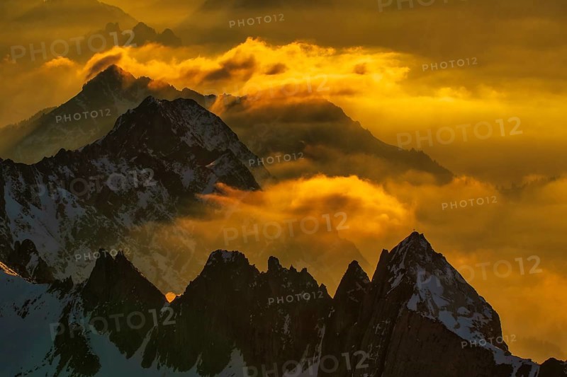 Sunset from Säntis (2, 502 m), the highest mountain in the Alpstein range, located in the canton of Appenzell Ausserrhoden, Switzerland