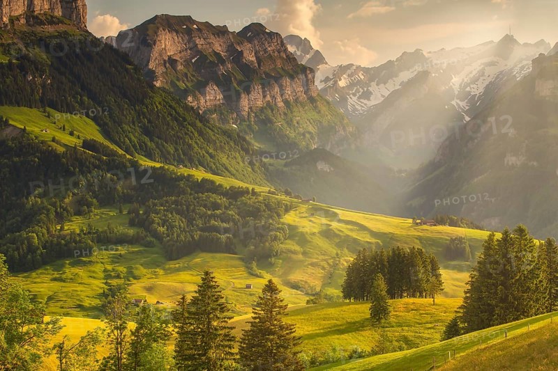 Region of Wasserauen in summer, with a view of Säntis (2, 502 m), the highest mountain in the Alpstein range, located in the canton of Appenzell Ausserrhoden, Switzerland