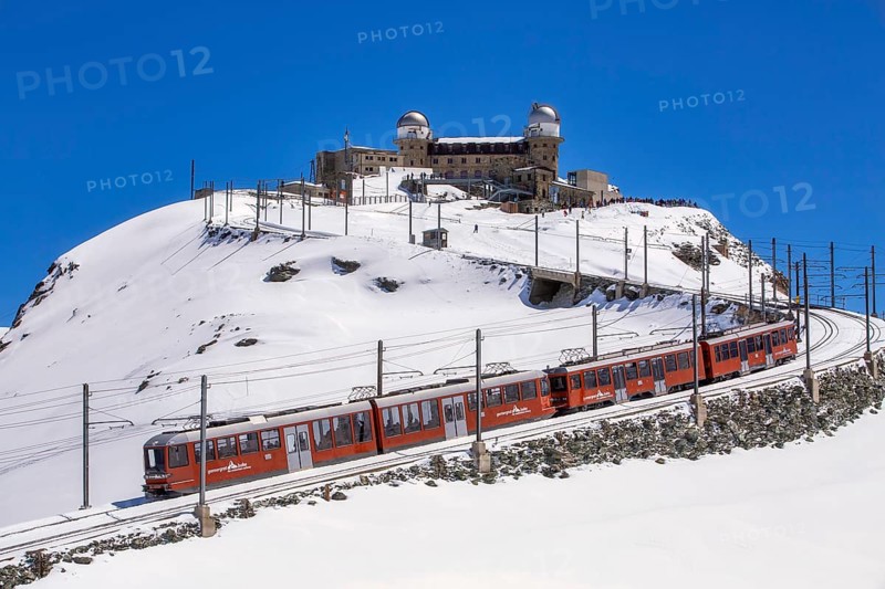 The Gornergrat Railway connects Zermatt to the summit of Gornergrat (3, 089 m) in winter, located in the Valais canton, Swiss Alps, Switzerland